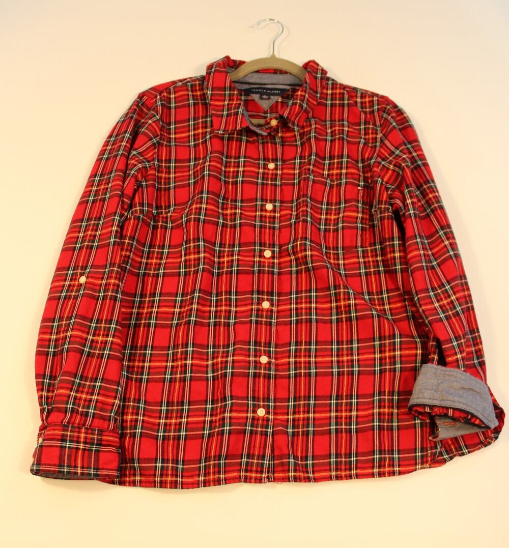 Tommy Hilfiger Womens XL Red Tartan Plaid Shirt Metallic Thread Chambray Trim